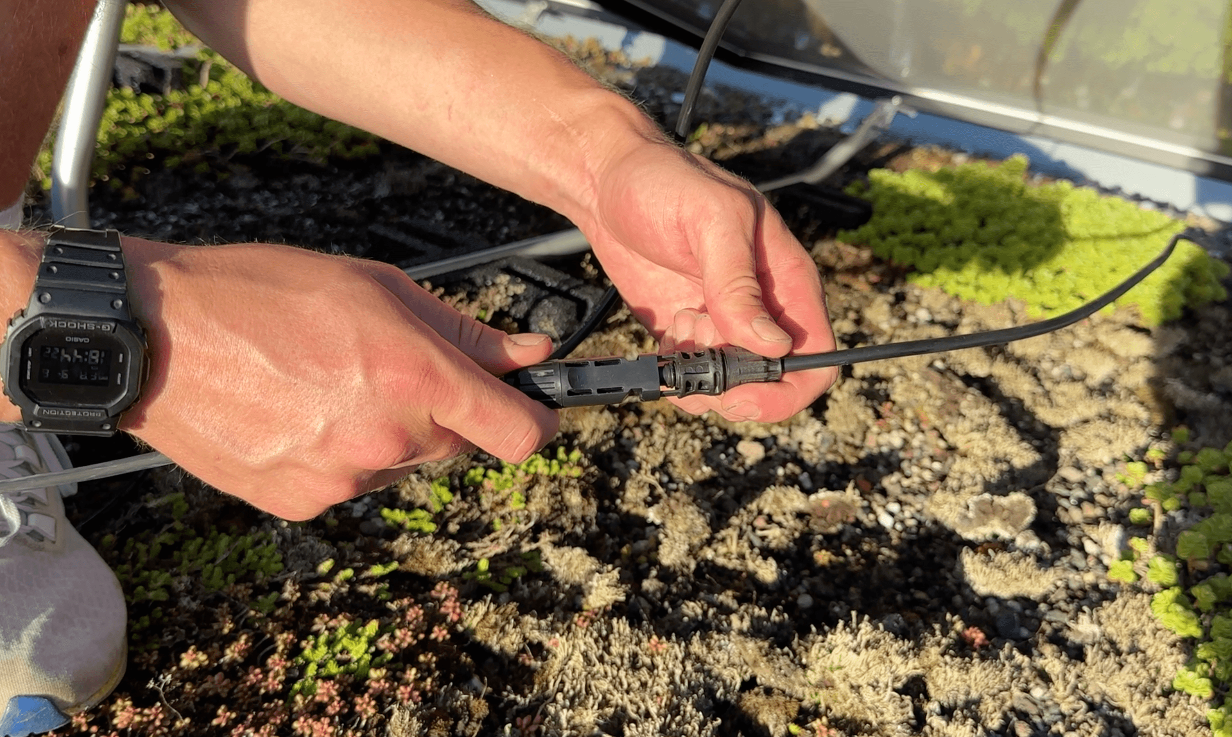 Hände verbinden Solarkabel auf einem Dach